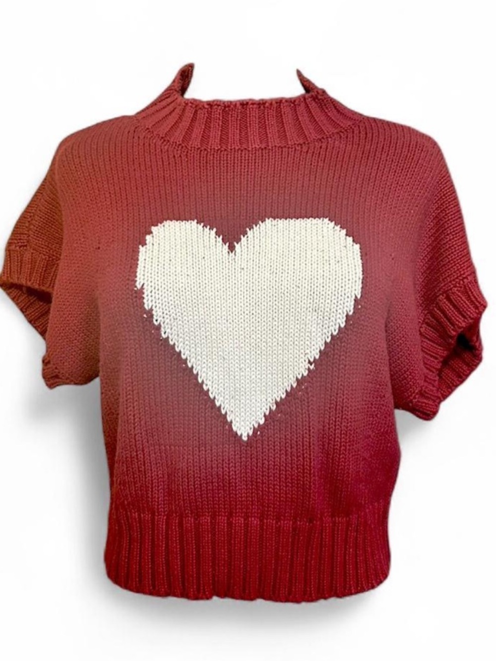 Red Knit Short-Sleeve Sweater with White Heart